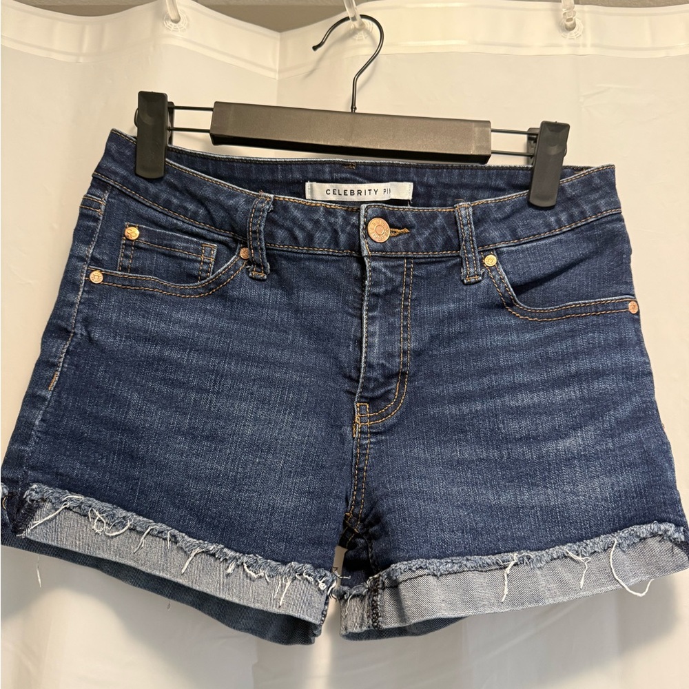 Celebrity Pink Dark Blue Frayed Hem Jean Shorts